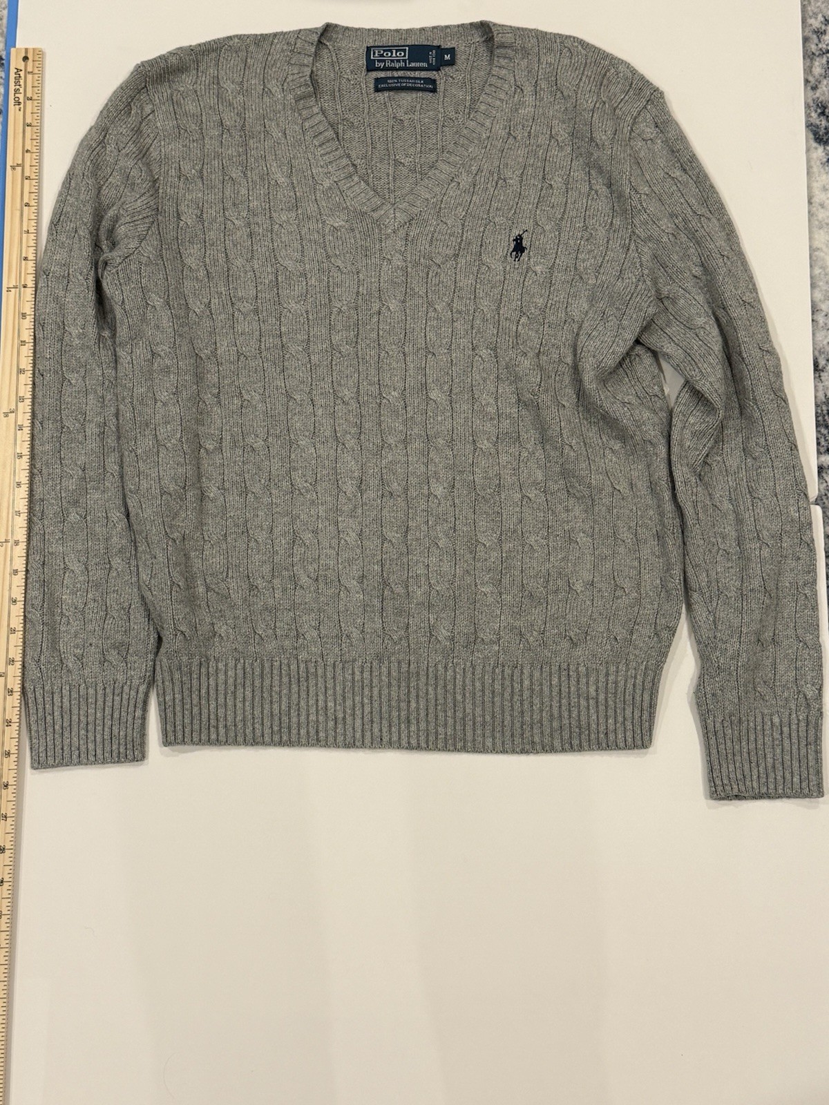 Polo Ralph Lauren Mens Medium Cable Knit V Neck Sweater 100% Tussah Silk Grey