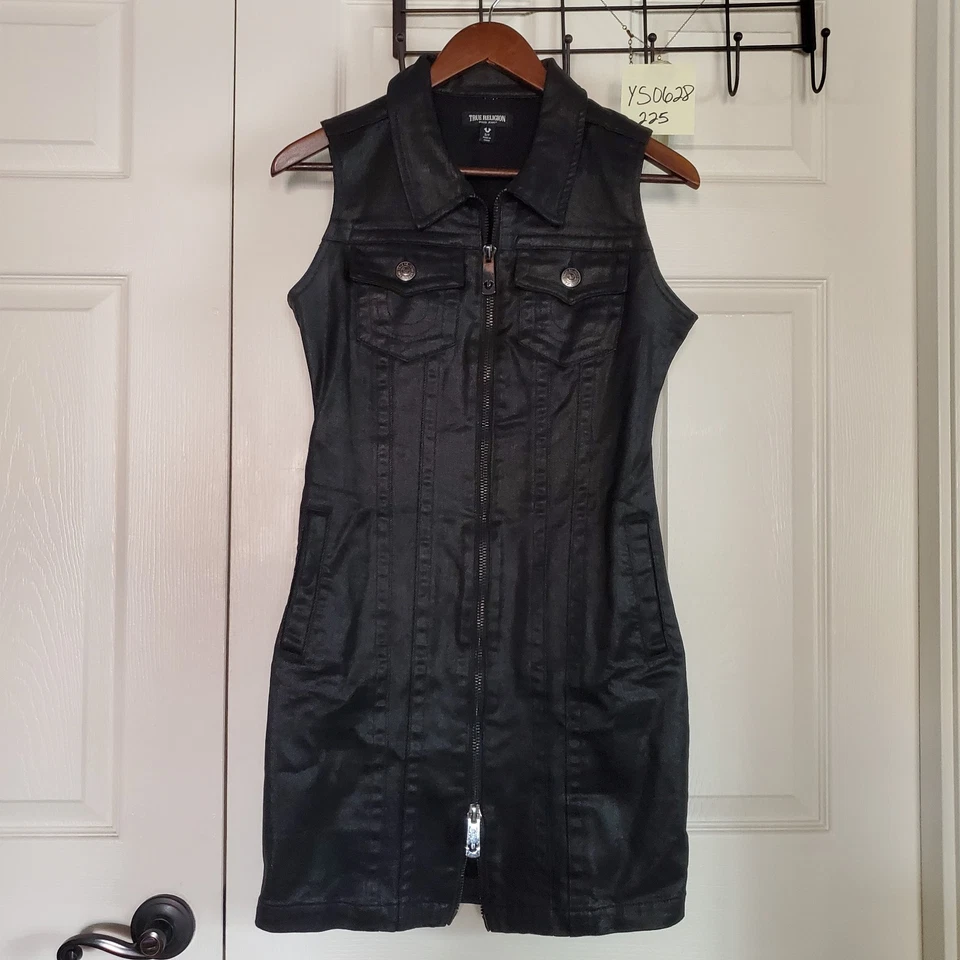 True Religion черный эластичной джинсовой ткани мини-платье спереди молнии размер маленький - Изображение 2 из 4