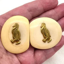 Vintage Double Belt Buckle / Scarf Clip Cream Color Celluloid & Brass Penguin #1