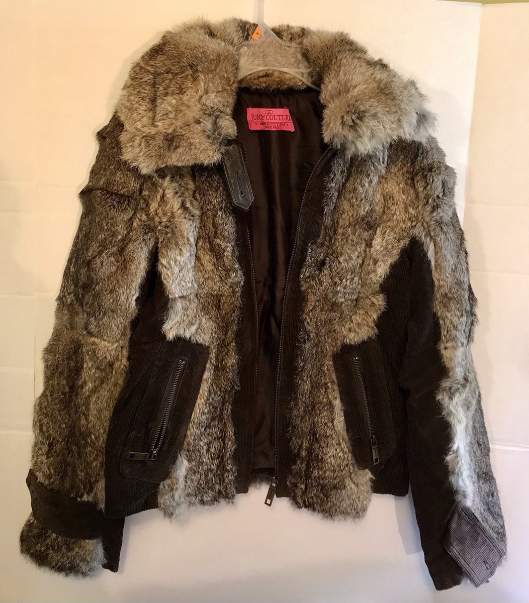 Juicy Couture Brown Cord. & Rabbit Fur moto bomber jacket Y2K rare