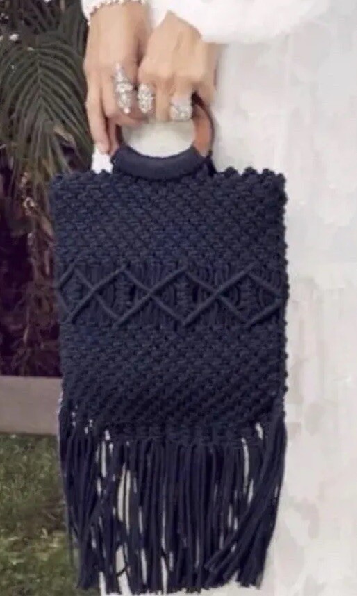 DANIELLE NICOLE Crochet Crossbody Purse S Black Macrame Fringed w/Wood Handles