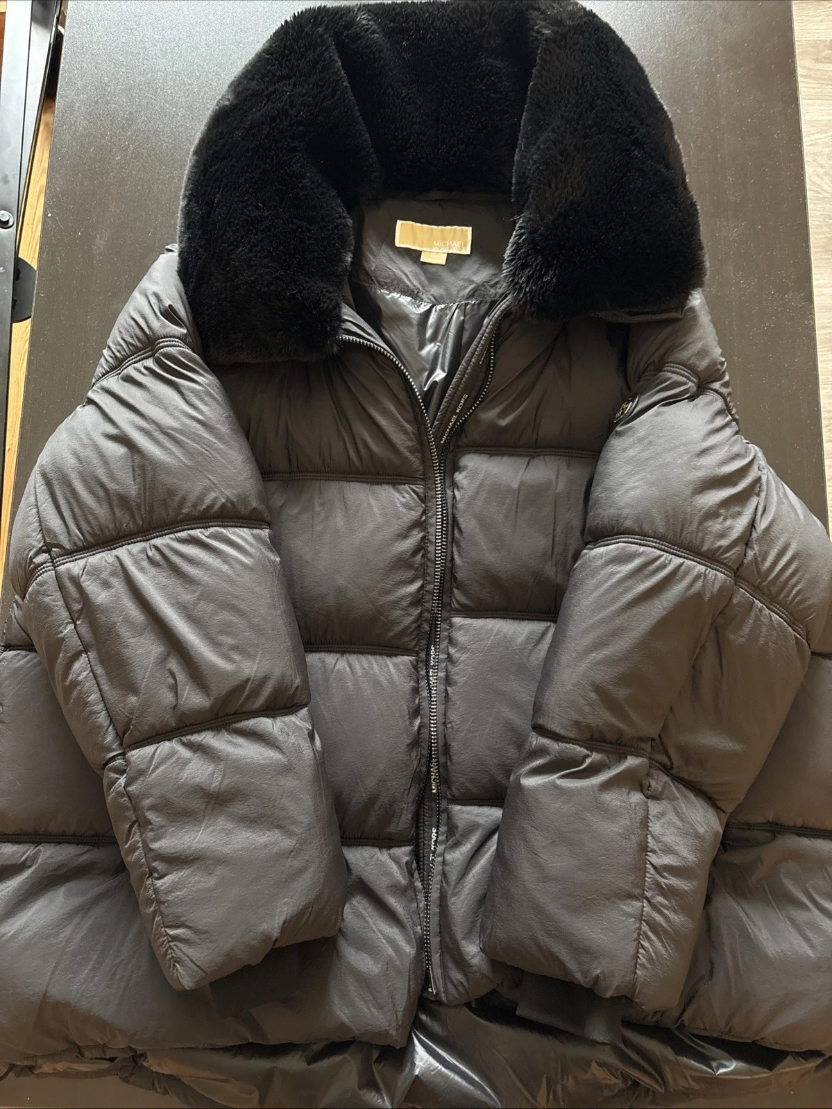 Michael Kors Cappotto donna oversize trapuntato imbottito pelliccia sintetica nero XXL