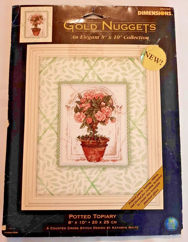 Dimensions Gold Nuggets Collection Cross Stitch Potted Topiary Roses 2002 8x10
