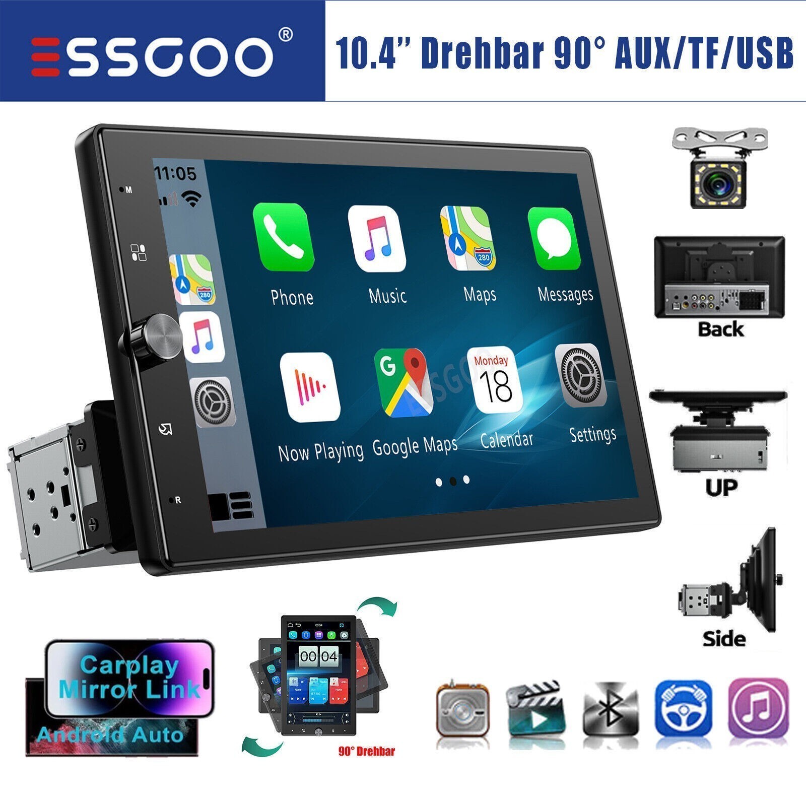 Autoradio 1 DIN 10,4" Apple Carplay Android Auto + Fotocamera Bluetooth USB AUX TF EQ