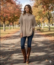 Cupcakes and Cashmere Chunky Cable Knit Poncho Sweater Sz S/M/L Cape Mock Neck