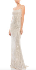 MAC DUGGAL 26269 STRETCH SEQUIN LACE UP BACK EVENING SILVER/NUDE GOWN sz 12