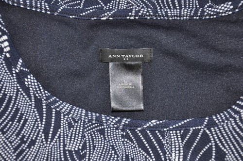 Ann Taylor Factory Womens Size L Blue Navy & White Leaves Print Dress Belted - Picture 7 of 8