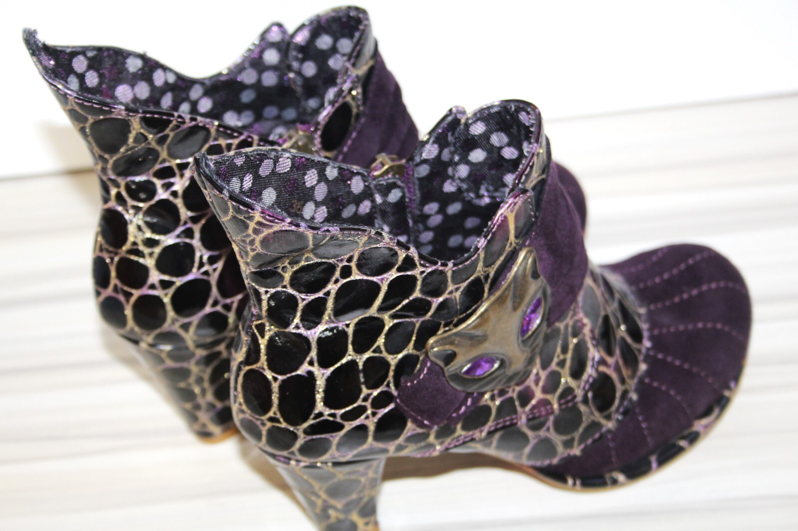 IRREGULAR CHOICE Miaow Purple & Gold Cat face ankle Boots UK 3 EU 36 Boxed eBay