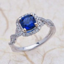 2.00CT Cushion Cut Blue Sapphire CZ Halo Women's Anniversary Wedding Ring