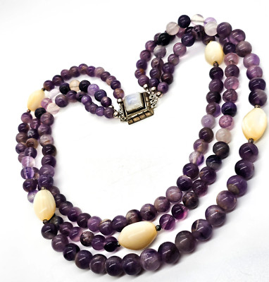 Lila Amethyst drei Strang Perlen Sterlingsilber auffällig blau Mondstein Halskette