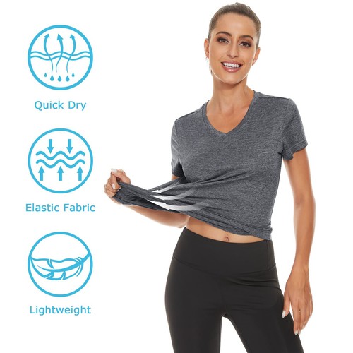Women's V Neck Workout Shirts Short Sleeve Quick Dry T-Shirts Yoga Athletic Tops - Picture 30 of 61