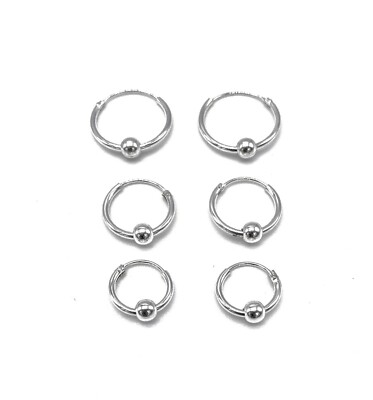 3 Paar Schläfer klappbar REIFEN Ohrringe auf beweglicher Kugel 10 12 14mm Sterlingsilber