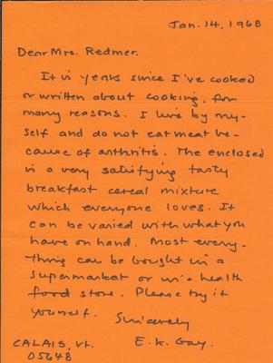 Elizabeth Kent Gay Signed 1968 Handwritten Breakfast Recipe Letter