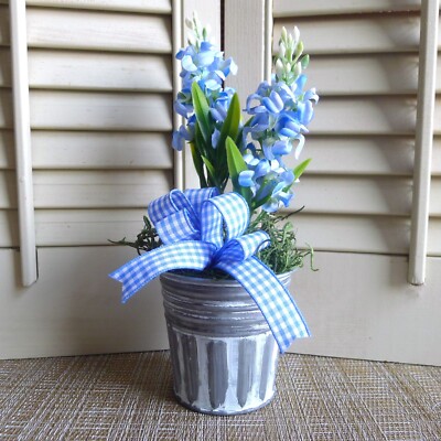 Small Blue Lilac Arrangement Artificial Flowers Gingham Check Bow for Tiny Areas