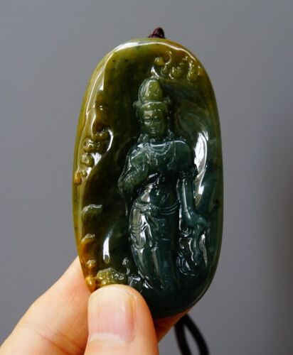 Certified Natural Grade A Jade jadeite Jade Guanyin Pendant天然翡翠 1843 - Afbeelding 1 van 17