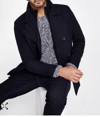 Men's Kenneth Cole Navy Blue Double Breasted Wool Pea Coat Size Small