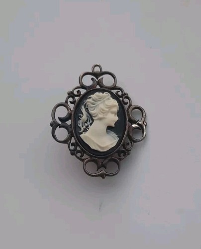 Silver .925 Dainty Cameo Brooch Pendant Black White - Picture 2 of 6
