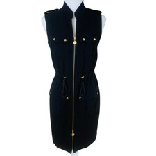 Calvin Klein Size 4 Sleeveless Zip Front Drawstring Waist Knit Dress Black 