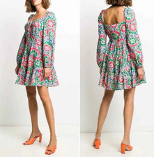 RIXO Floral Print Long Sleeve Roxy Mini Dress Sz XS Green Tie Neck Boho Chic EUC