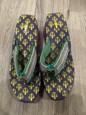 Volatile Mardi Gras Purple & Gold w/Flur de Lei Wedge Sandals Size 11 Beaded EUC