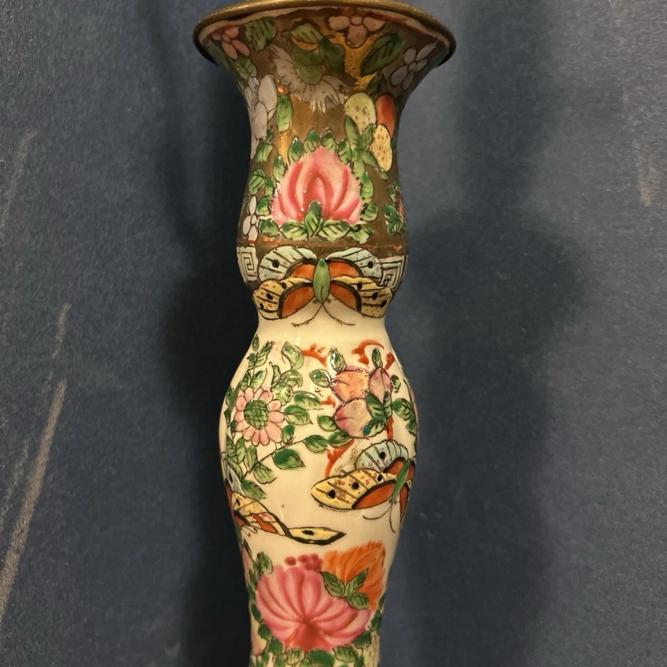 Antique Vtg RARE Chinese Rose Famille Candlestick Accent Lamp 21x7 Gold Inlay - Image 3 of 4