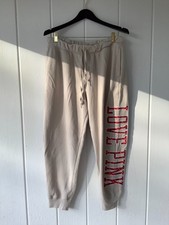 Victoria's Secret Sweatpants LARGE Beige Love Pink Spell Out Cozy Weekend Vibes