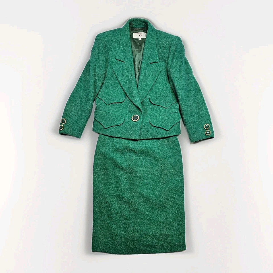 De Colección Valentino Roma Lana Tweed Falda Traje Para Mujer 38 4 Botones Dorados Miss V Peludo Foto 2 de 4