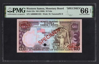 Western Samoa 10 Tala ND(1980) P22s "Specimen" Uncirculated Grade 66 Top Pop