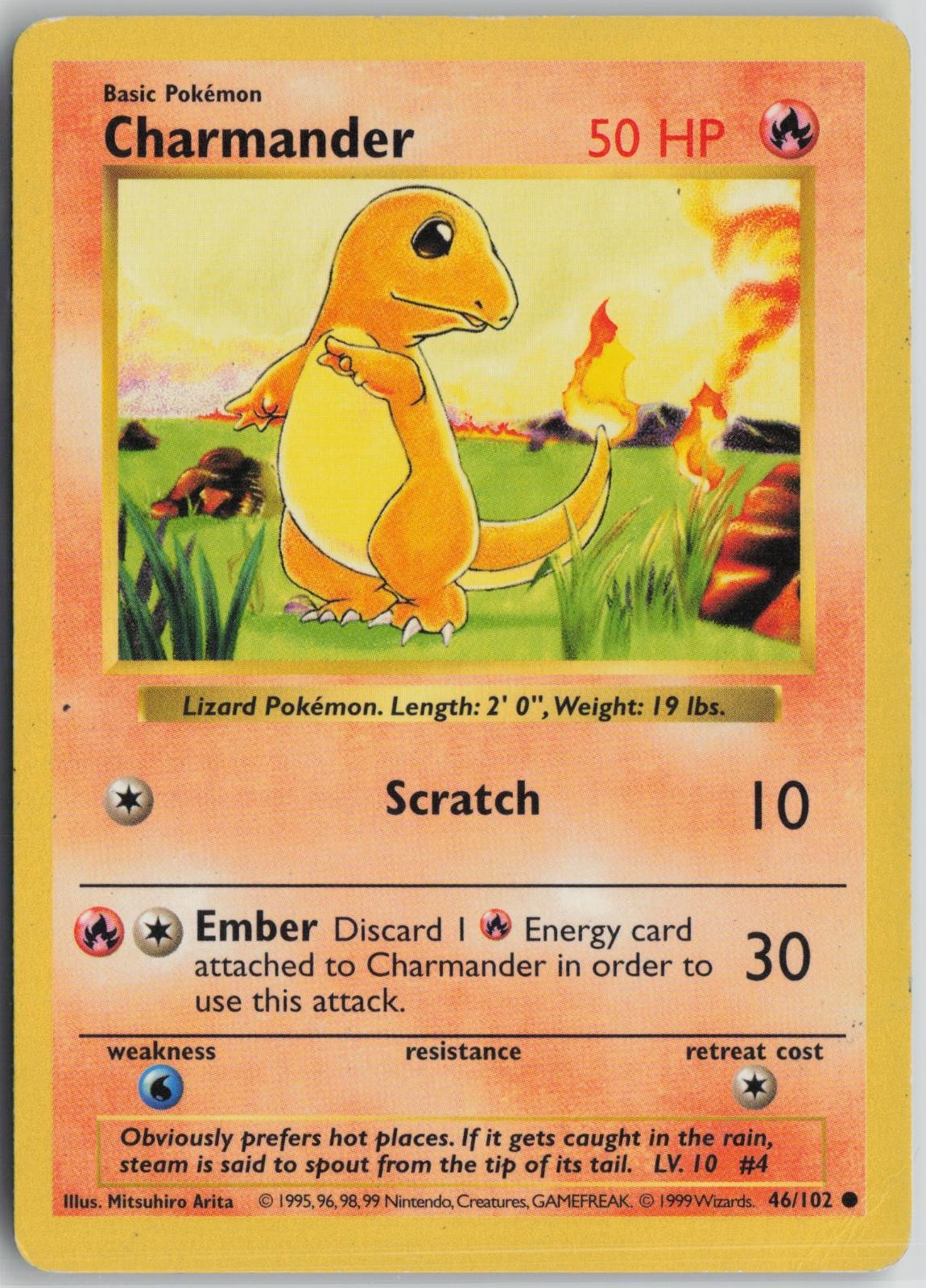 Charmander 46/102 Common Base Set Shadowless Pokemon Unlimited Moderately Played