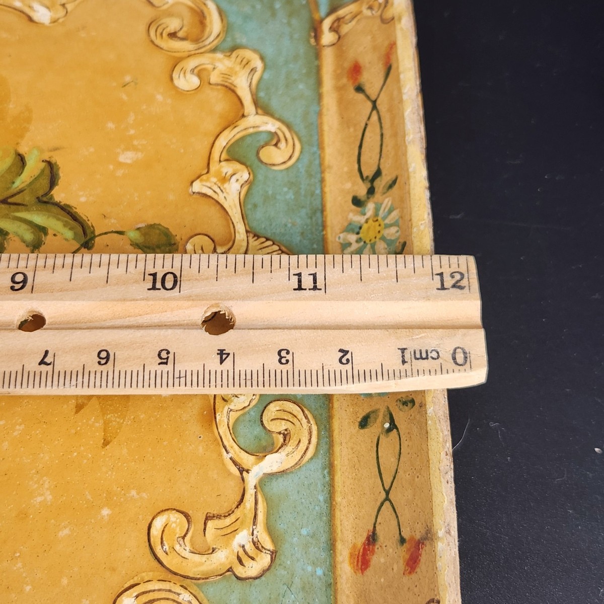 Vintage Small Decorative Wood Tray Gold Teal Blue Floral Alcohol
