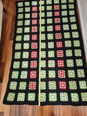 Crocheted Afghan blanket VT Granny square Homemade Black Multicolor 75x45
