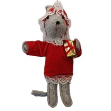 Felt Christmas Mouse Ornament Holding Present Cottage Core Red Velvet Vintage