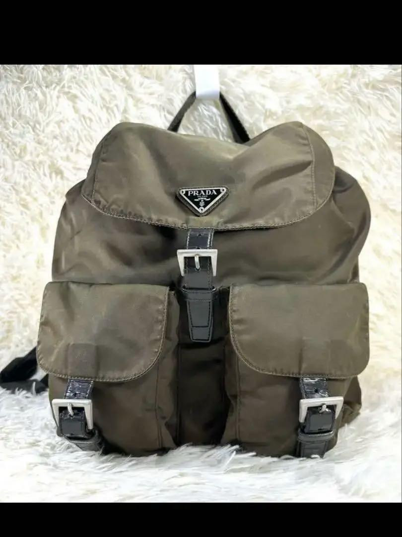 PRADA Nylon Backpack Khaki Triangle Logo Women's From Japan