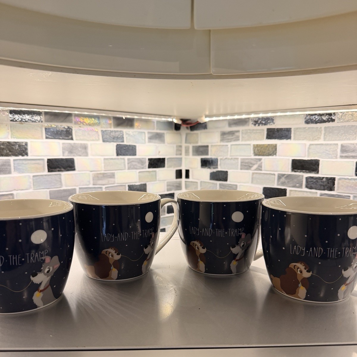 Disney Lady and the Tramp Ceramic Mugs Set of 4 Navy Blue Spaghetti Design