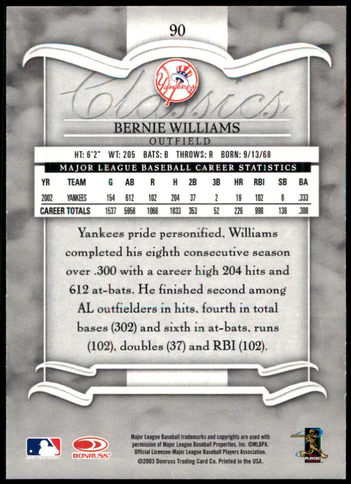 Bernie Williams 2003 Donruss Classics #90 Yankees MLB READ FREE SHIPPING - Image 2 of 2
