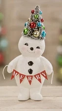 Bethany Lowe Christmas Retro Merry Snowman With Bottle Brush Tree TL1353 NEW