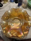Vintage Dugan Marigold Carnival Glass Round Ruffled Bowl Brooklyn Bridge