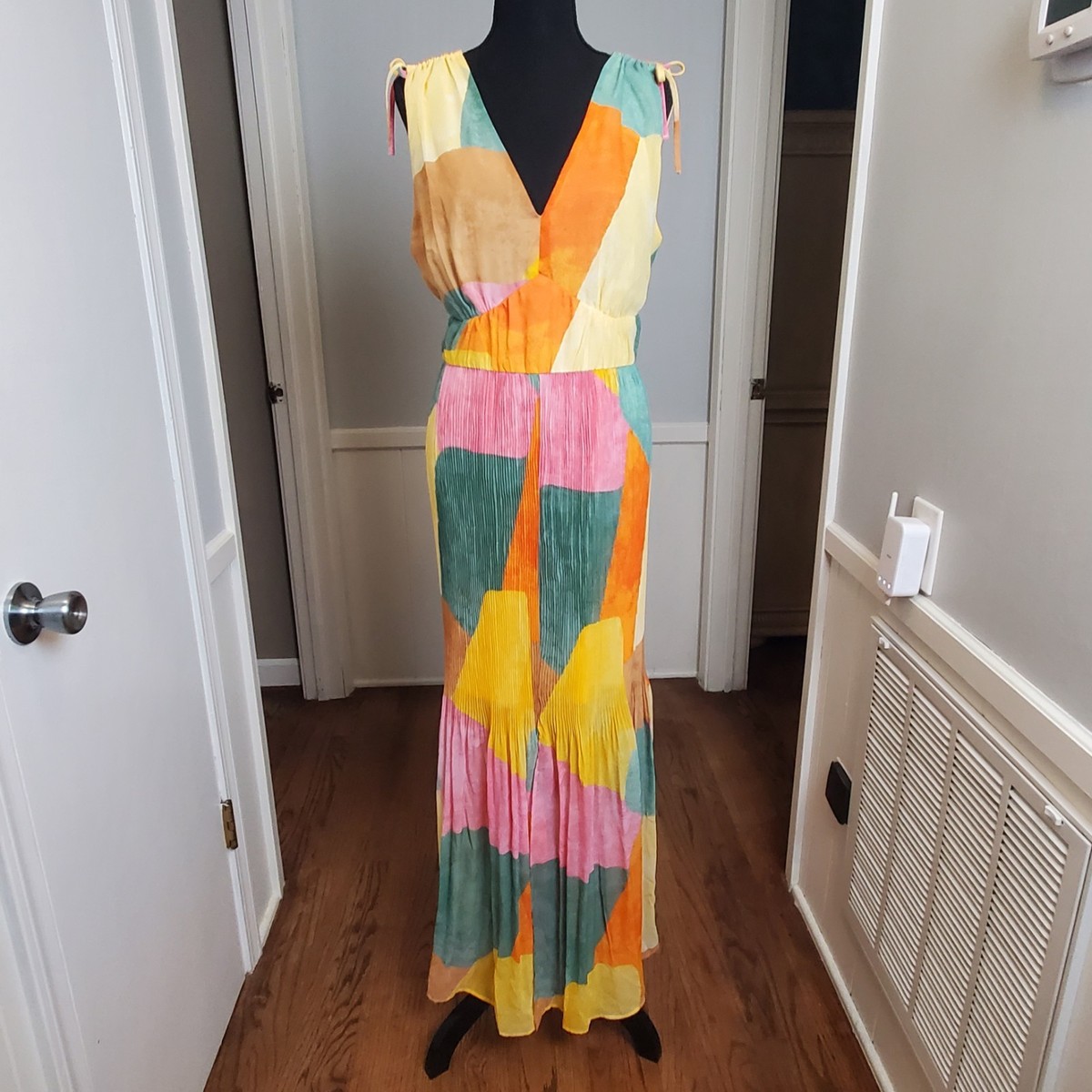 Cato Women's Maxi Dress Size Large Yellow Orange Pink Green Accordion Pleated Cato Women's Maxi Dress Size Large Yellow Orange Pink Green Accordion Pleated