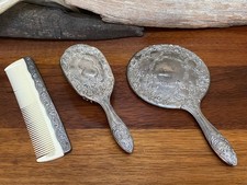 Vintage Vanity Mirror Brush Comb 3 pc Set Silver Plated Antique VTG
