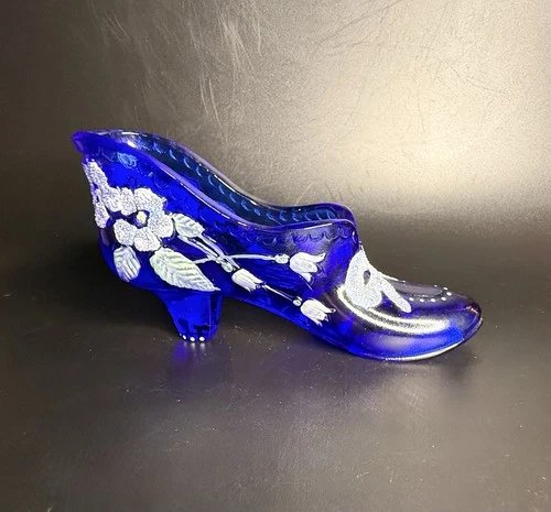 Vintage Fenton Cobalt Blue Glass Slipper Shoe, Hand Painted Floral Motifs Signed