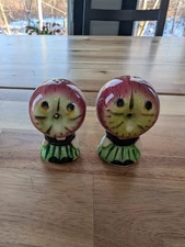 Vintage Anthropomorphic Apple Head Girls Salt and Pepper Shakers Japan