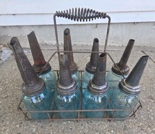 Lubrite Vintage Motor Oil Bottle Rack/Carrier w/ Glass Bottles & Pour Spouts