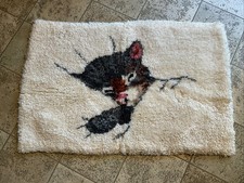 Vintage Cat Latch Hook Rug Handmade Sleeping Kitten 70s 80s Whimsical Calico Cat