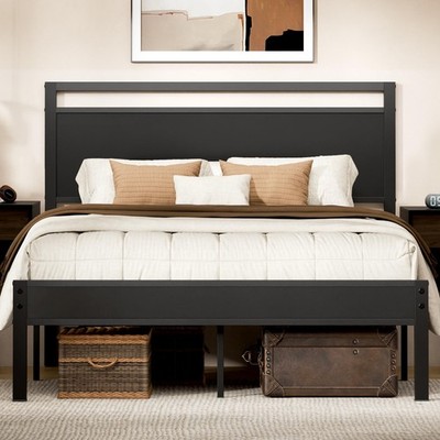 Queen Bed Frame Heavy Duty Metal Platform Wood Headboard Black Z hom Size