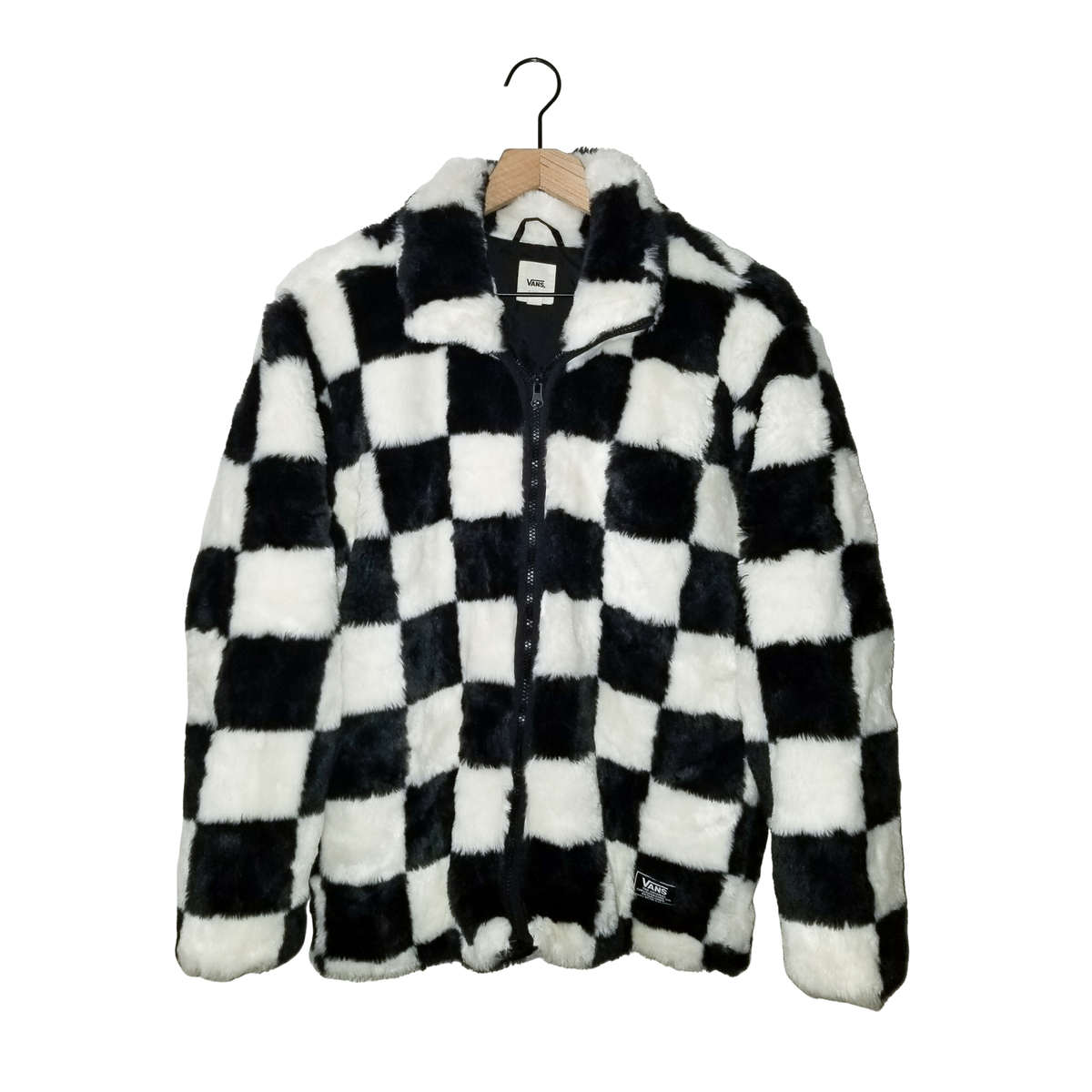 VANS Off The Wall Natalie Jacket Black White Faux Fur Checkerboard