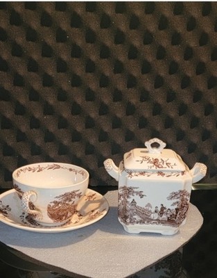 ANTIQUE MASON CUP AND SAUCER WITH SUGAR BOWL WITH LID SET