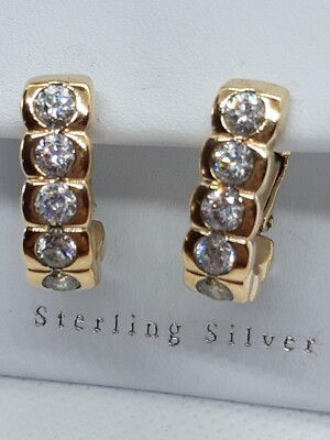 Pierre Lang gold plated pierced half hoop earrings with white crystal, leverback