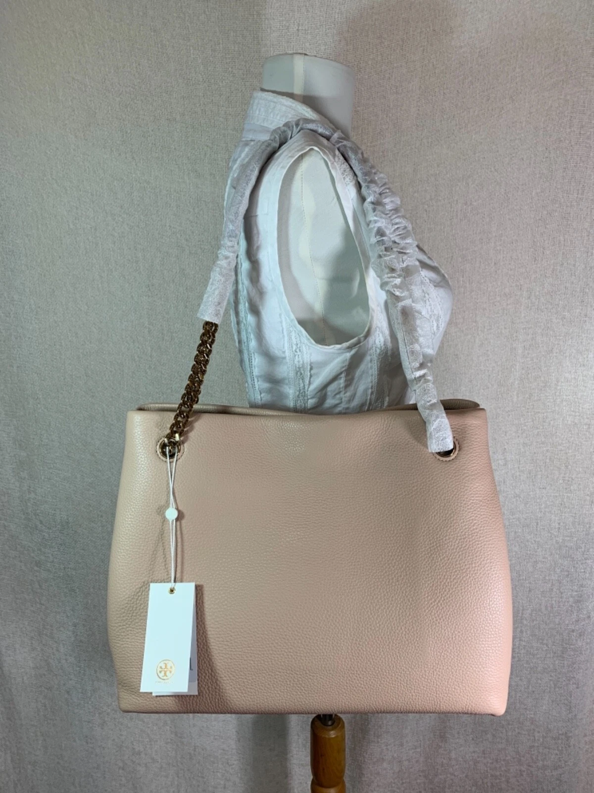 NUOVA Tory Burch Devon Sand Kira borsa con ciottoli borsa con cinturino a catena in pelle beige