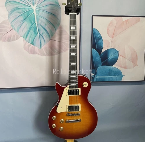 LP Left Handed Electric Guitar Mahogany Body Flamed Maple Top Sunburst Fast Ship