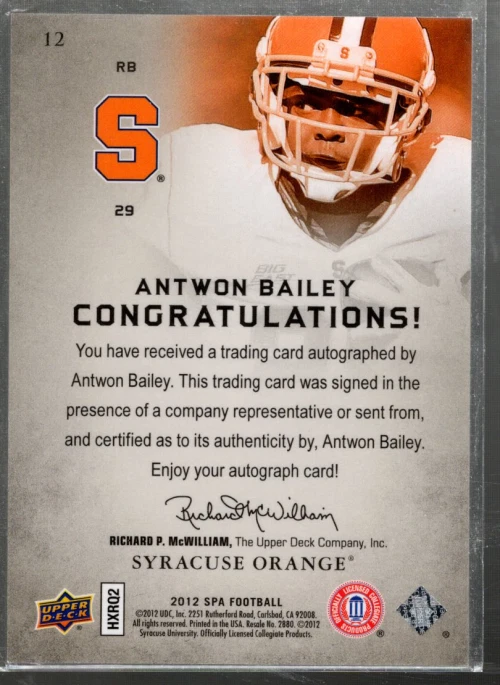 B1151- 2012 SP Authentic Autographs #12 Antwon Bailey Auto SAMPLE PIC - Image 2 of 2